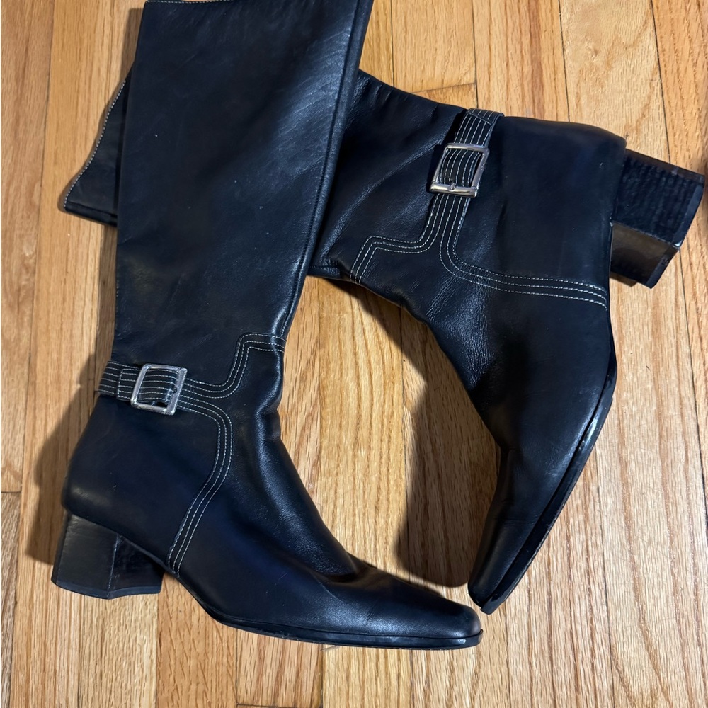 Anne Klein Women's Black Knee High Heeled Boots Leather SZ-9M Pre-Owned